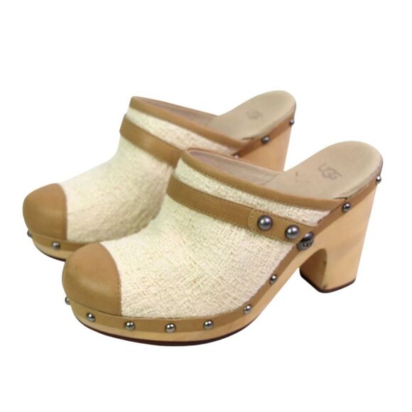 UGG BEIGE TEXTILE LEATHER ROUND TOE HIGH HEEL SANDALS SABO MULES SHOES Sz 8/39 - Picture 3 of 7